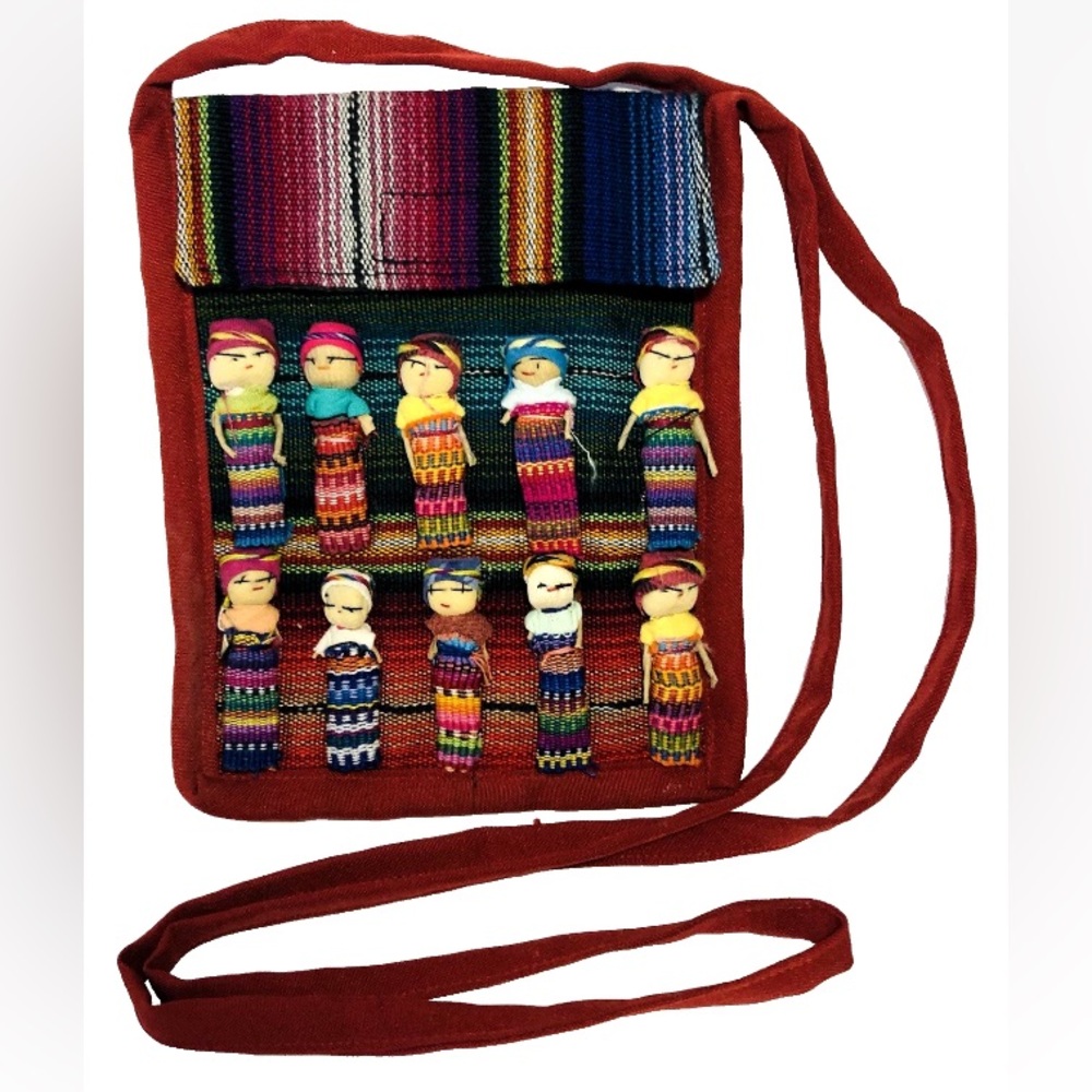 Handcrafted Worry Dolls Woven Red Crossbody Bag  Crafted in Guatemala